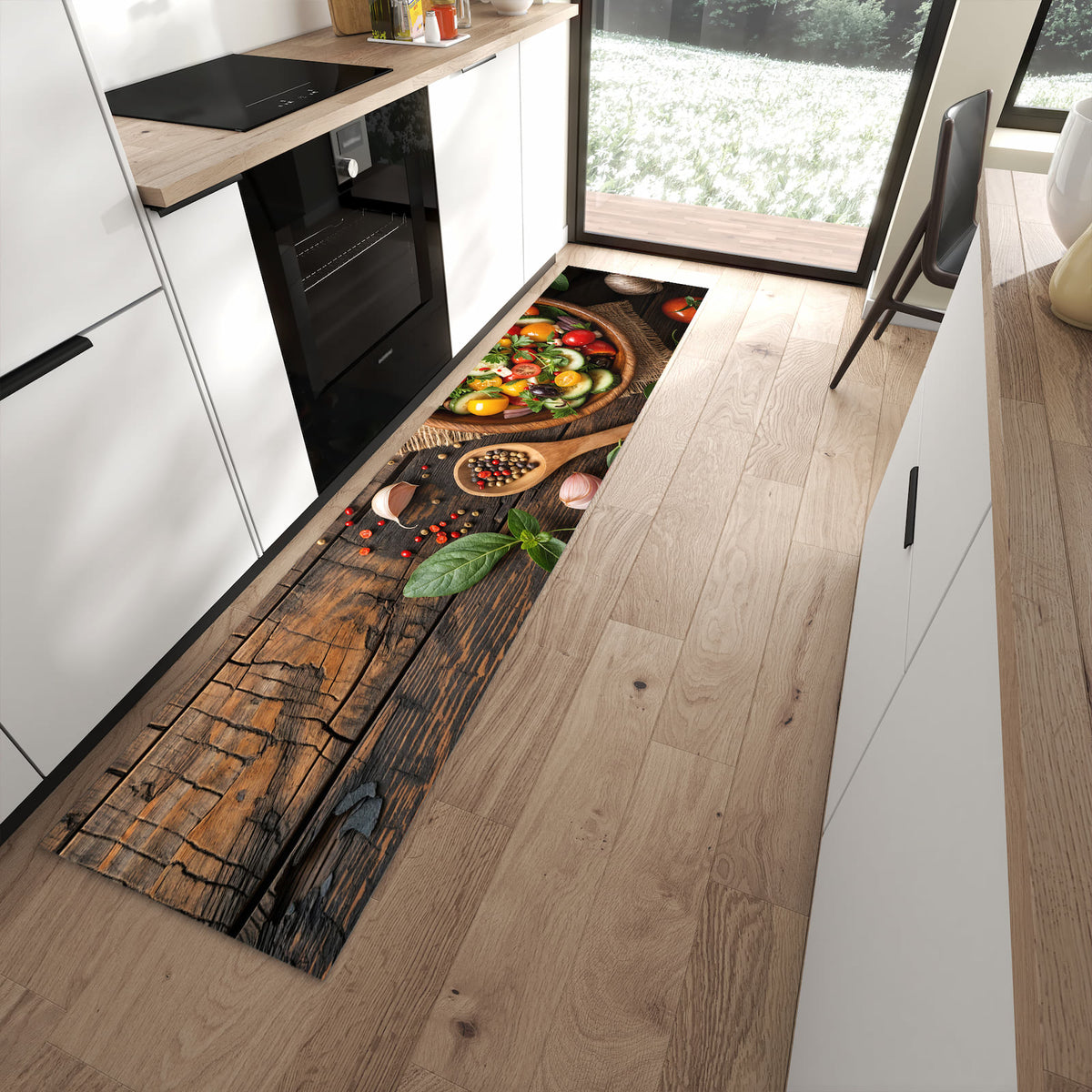 Feuchtigkeitsresistenter Teppichläufer mit Motiv Frischer Gemüsesalat in moderner Küche