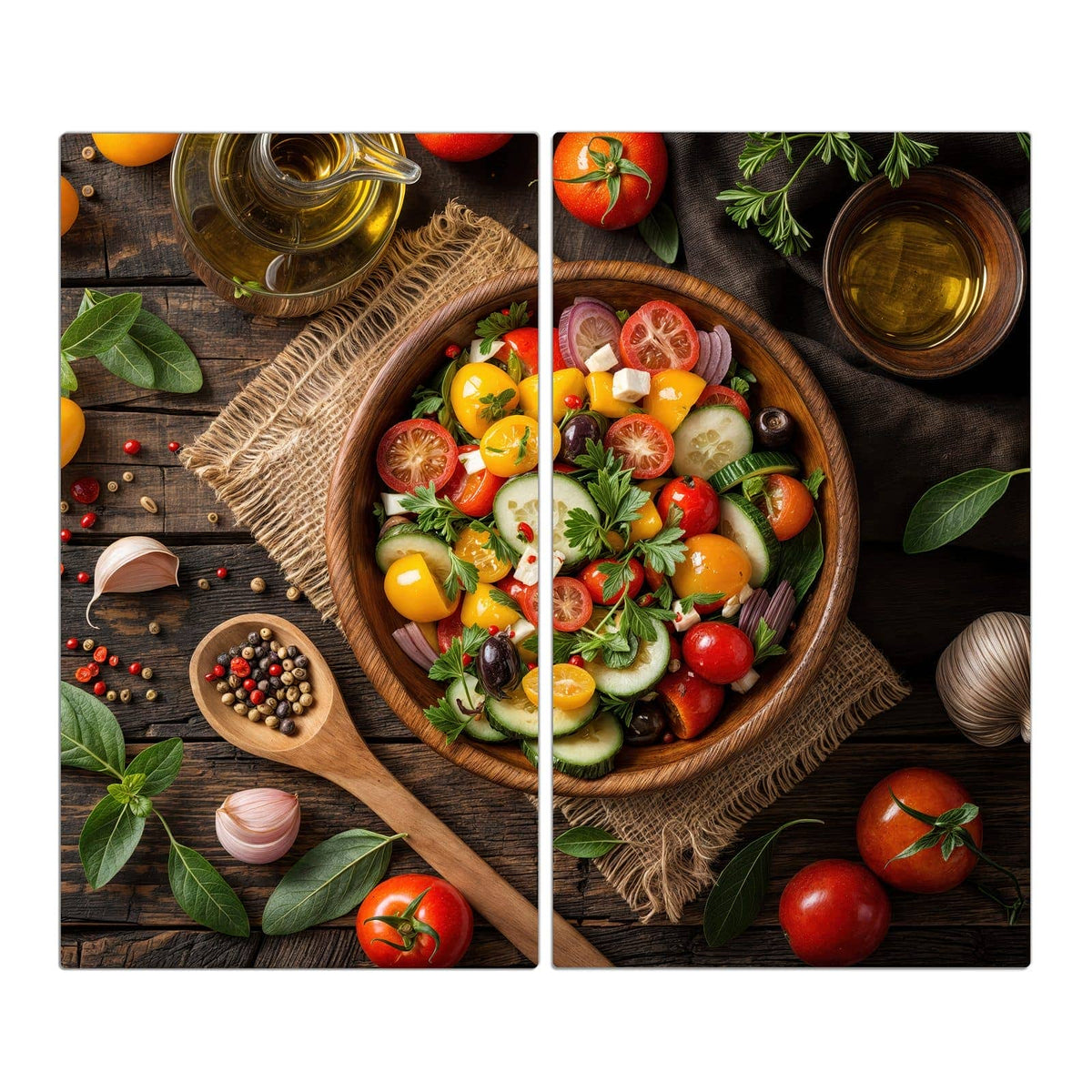 Bunter Gemüsesalat mit Tomaten, Gurke, Paprika und Feta in großer Holzschale, Aufsicht auf rustikalem Holz
