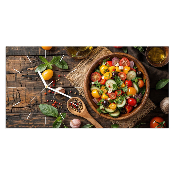 Wanduhr Frischer Gemüsesalat aus Glas – Querformat 60 × 30 cm mit Ziffernblatt Linie