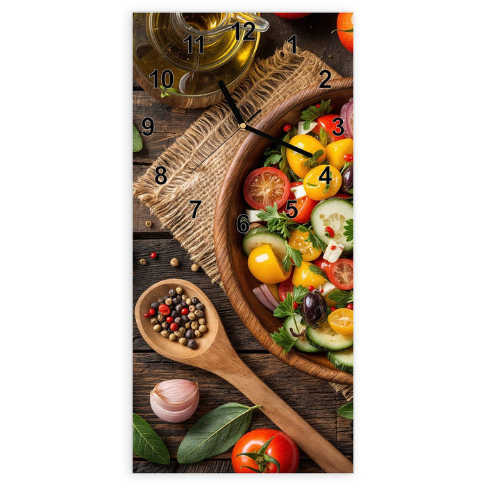 Wanduhr Frischer Gemüsesalat aus Glas – Hochformat 30 × 60 cm mit Ziffernblatt Modern