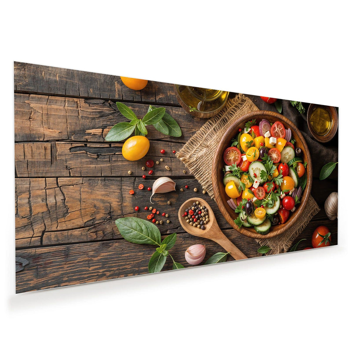 Bunter Gemüsesalat mit Tomaten, Gurke, Paprika und Feta in großer Holzschale, Aufsicht auf rustikalem Holz