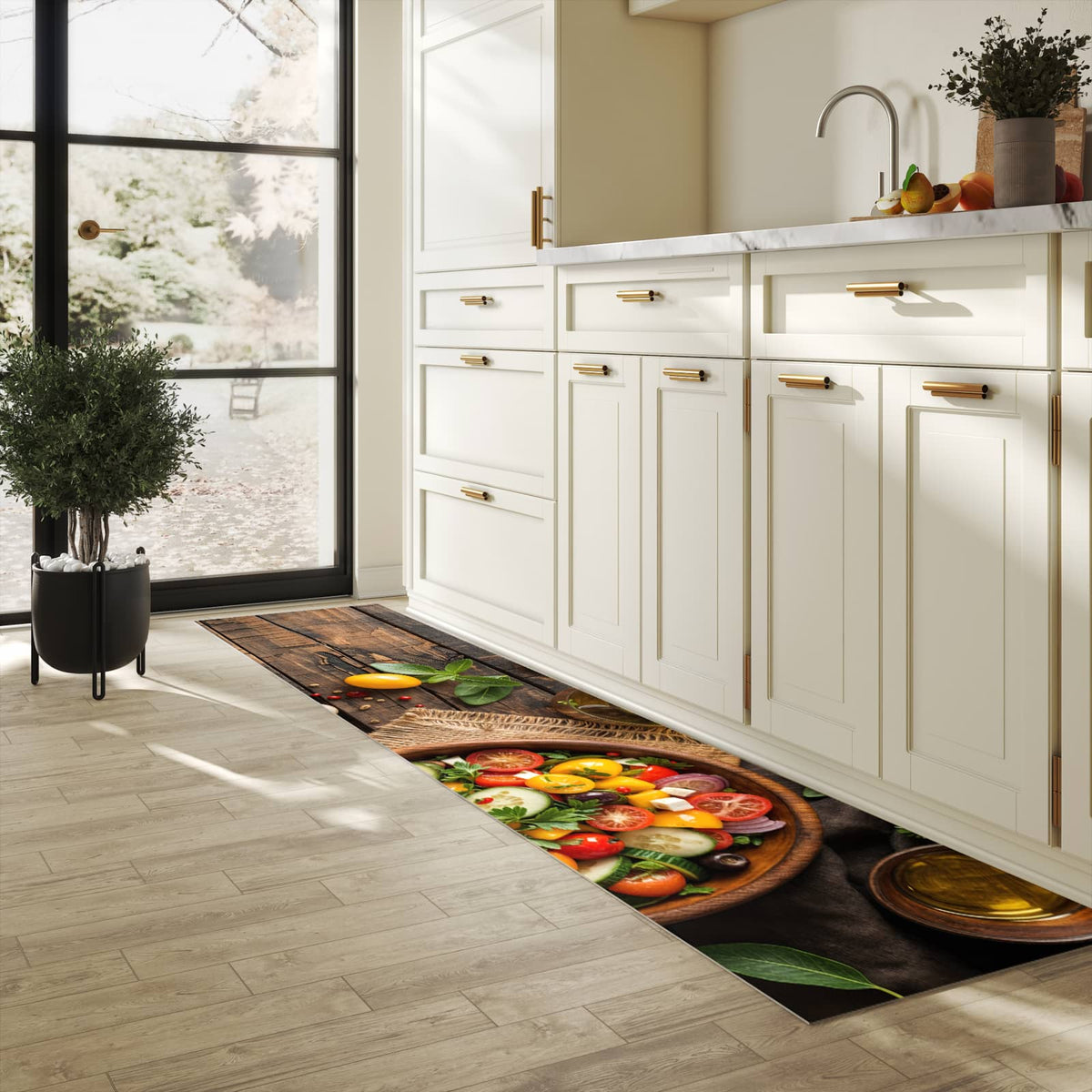 Abriebfester Küchenteppich mit Motiv Frischer Gemüsesalat in heller Küche