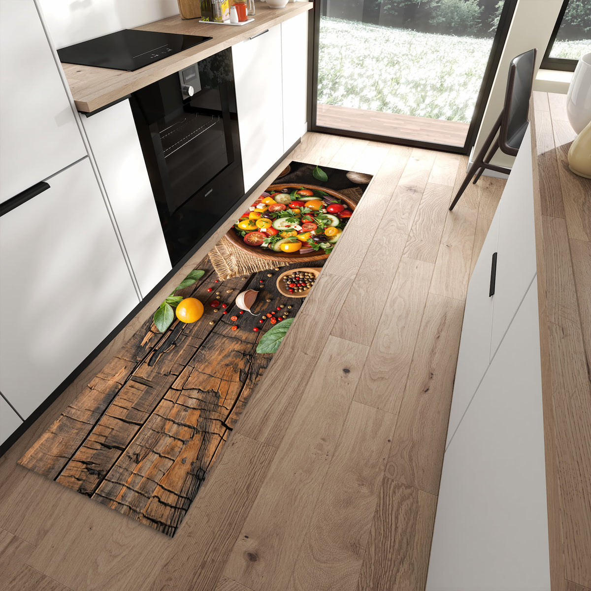 Rutschfester Küchenläufer mit Motiv Frischer Gemüsesalat in moderner Küche