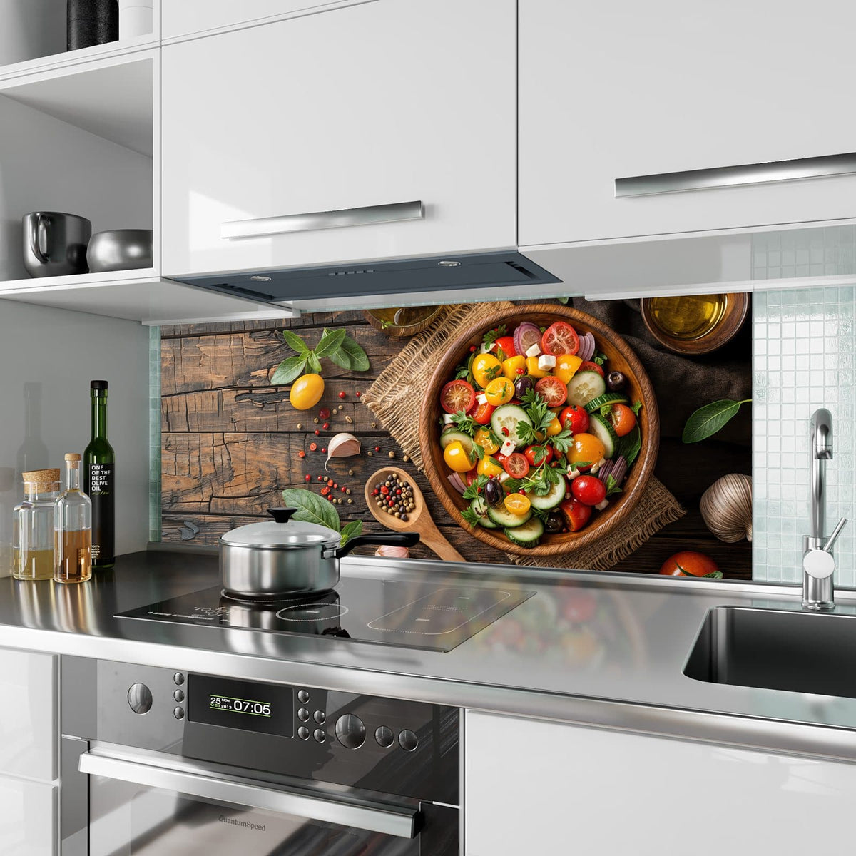 Küchenrückwand aus Glas Salat in der Holzschale im Hochformat als Spritzschutz hinter dem Kochfeld, über dem Fliesenspiegel montiert