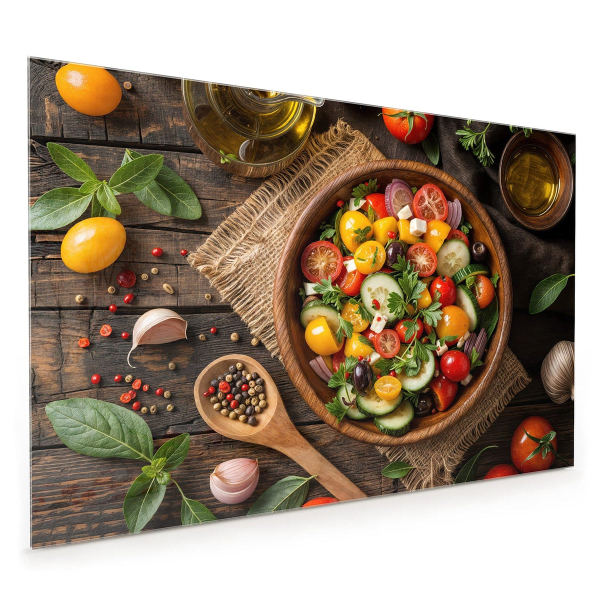 Küchenrückwand aus Glas im Hochformat mit Motiv Salat in der Holzschale: Bunter Gemüsesalat mit Tomaten, Gurke, Paprika und Feta in großer Holzschale