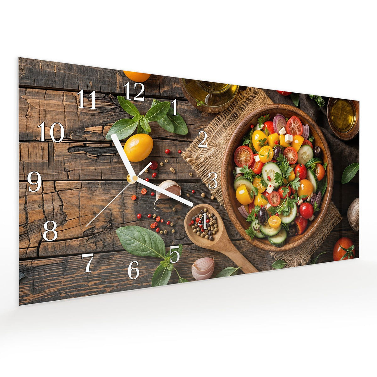 Vormontiert – mit Schwebeeffekt – Wanduhr Frischer Gemüsesalat aus Glas – Querformat 60 × 30 cm