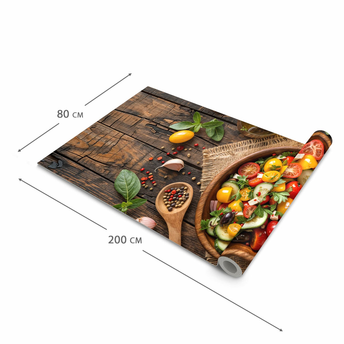 Küchenteppich mit Motiv Frischer Gemüsesalat in der Grösse 90x240 cm für sicheres Aufbewahren