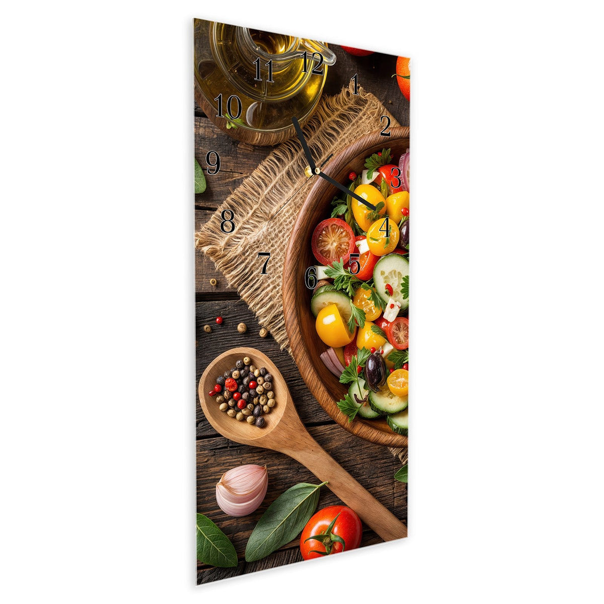 Vormontiert – mit Schwebeeffekt – Wanduhr Frischer Gemüsesalat aus Glas – Hochformat 30 × 60 cm