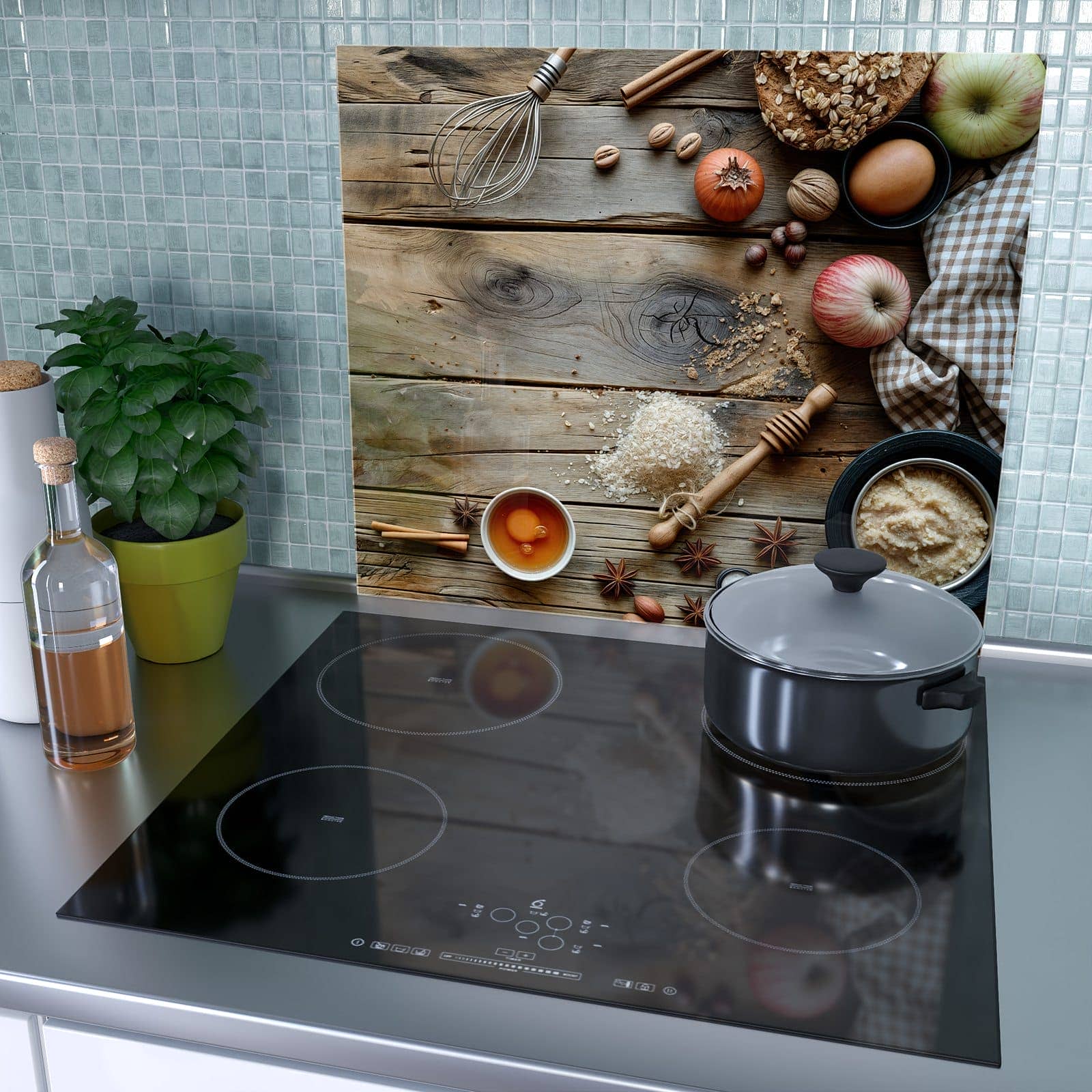 1-teilige Herdabdeckplatte mit Herbstbackzubehör-Motiv als Spritzschutz hinter dem Kochfeld