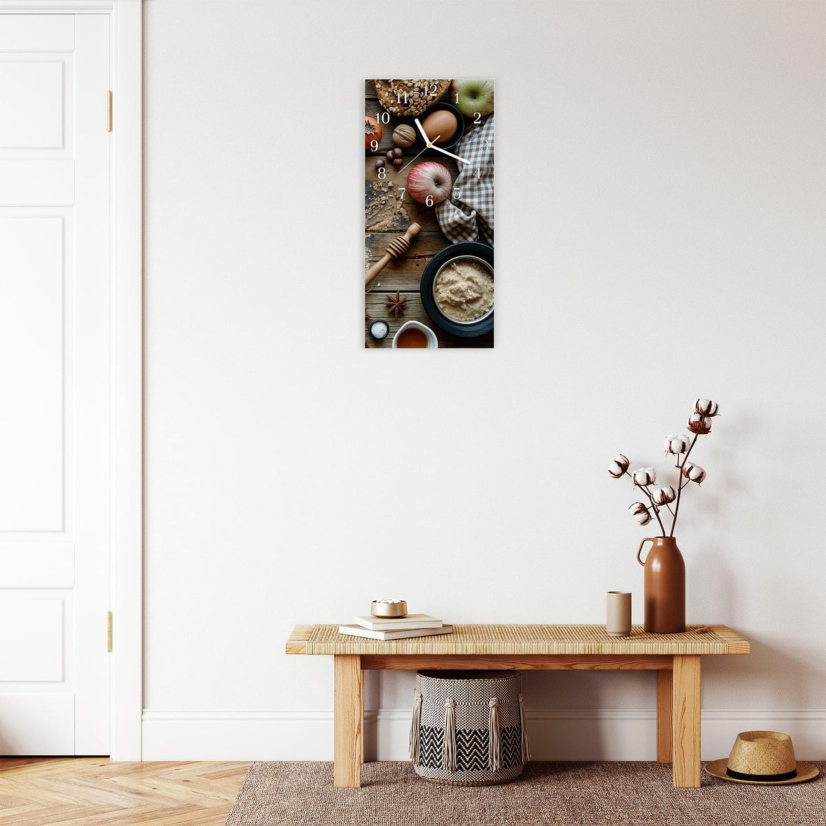 Moderne Wanduhr aus Glas mit Farbtiefe – Wanduhr Herbstbackzubehör aus Glas – Hochformat 30 × 60 cm