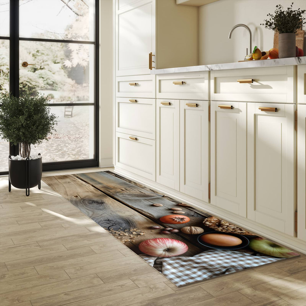 Feuchtigkeitsresistenter Küchenteppich mit Motiv Herbstbackzubehör in heller Küche