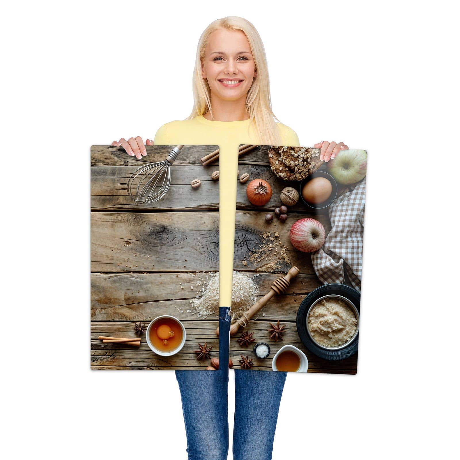 2-teilige Abdeckplatten für Herd mit Herbstbackzubehör-Motiv wird zur Größendarstellung gehalten