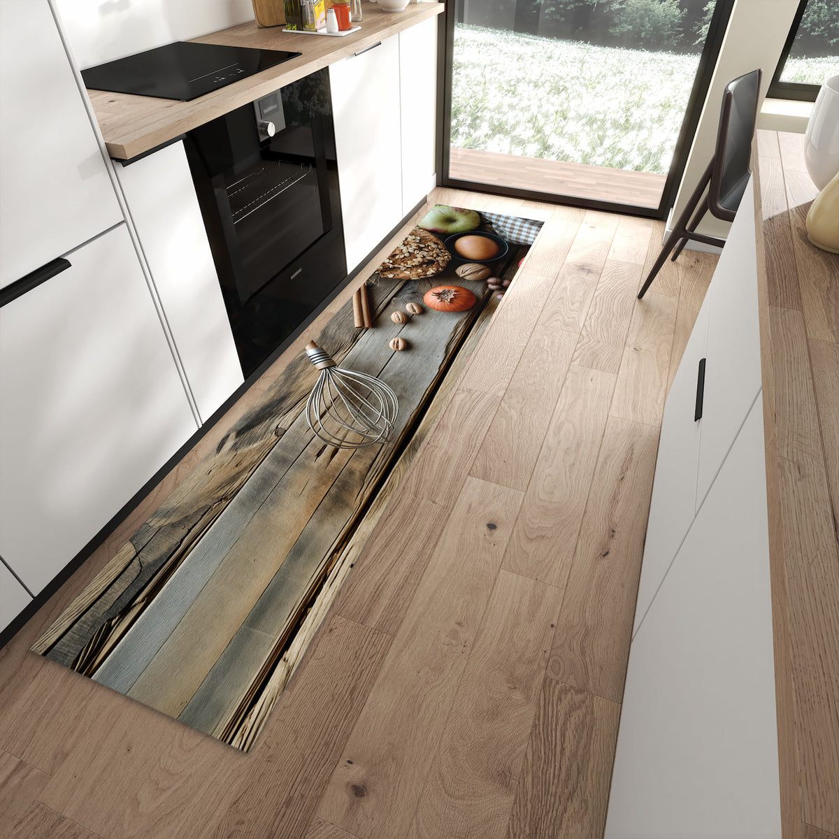 Geruchsneutraler Küchenteppich mit Motiv Herbstbackzubehör in moderner Küche