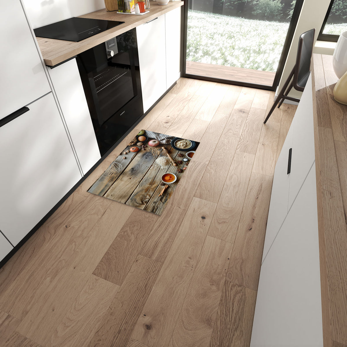 Flacher Küchenteppich mit Motiv Herbstbackzubehör in moderner Küche