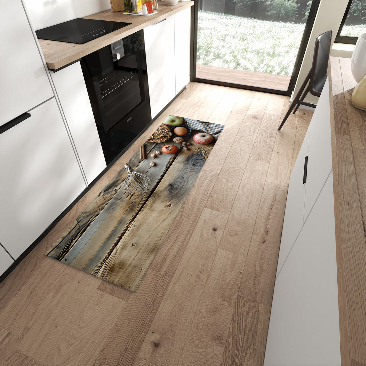 Fleckenresistenter Küchenteppich mit Motiv Herbstbackzubehör in moderner Küche