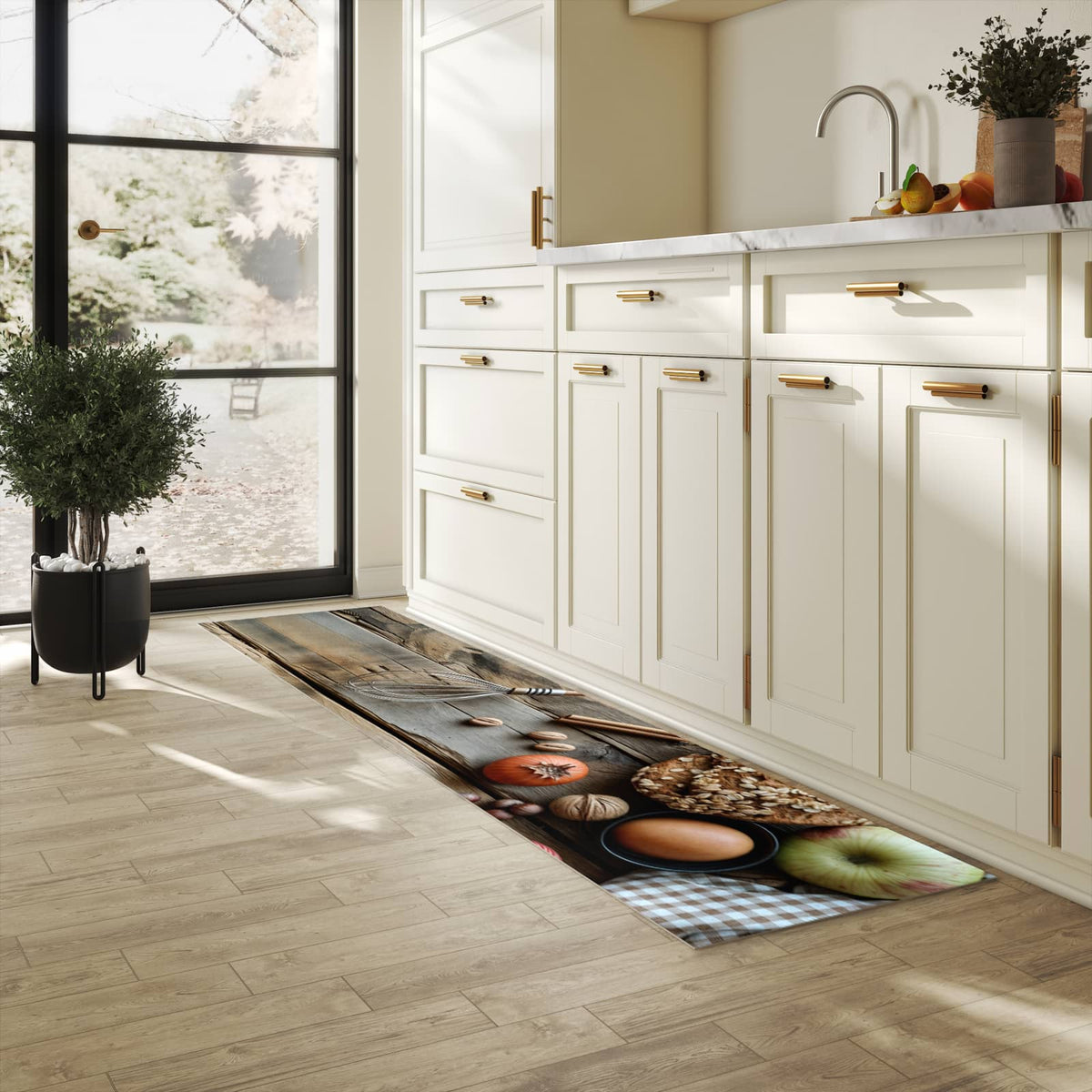 Hygienischer Teppich fürs Esszimmer mit Motiv Herbstbackzubehör in heller Küche
