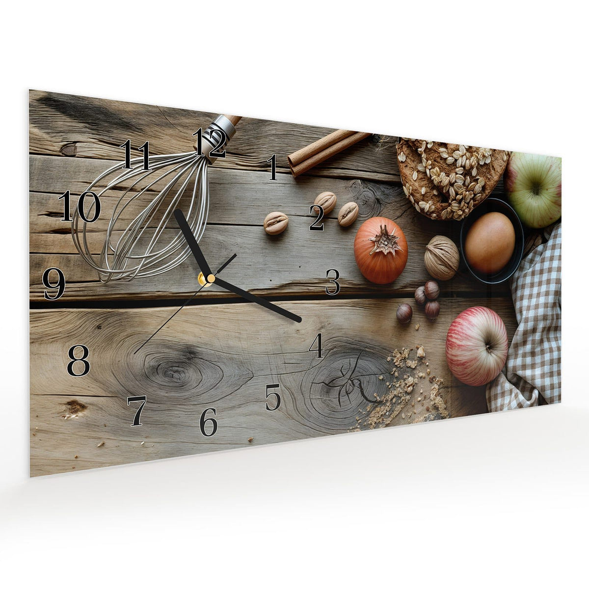 Vormontiert – mit Schwebeeffekt – Wanduhr Herbstbackzubehör aus Glas – Querformat 60 × 30 cm