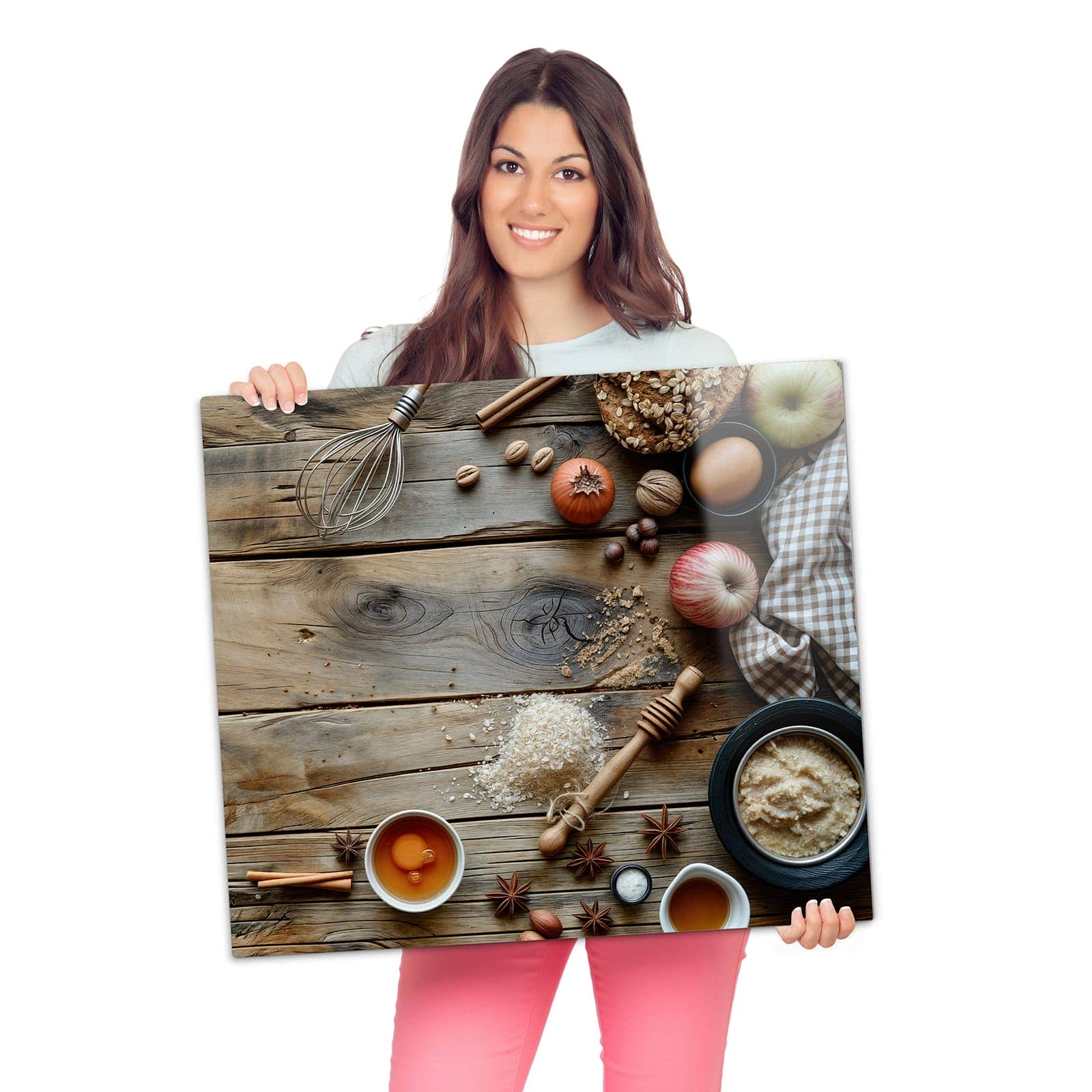 Glasplatte Herd mit Herbstbackzubehör-Motiv wird zur Größendarstellung gehalten