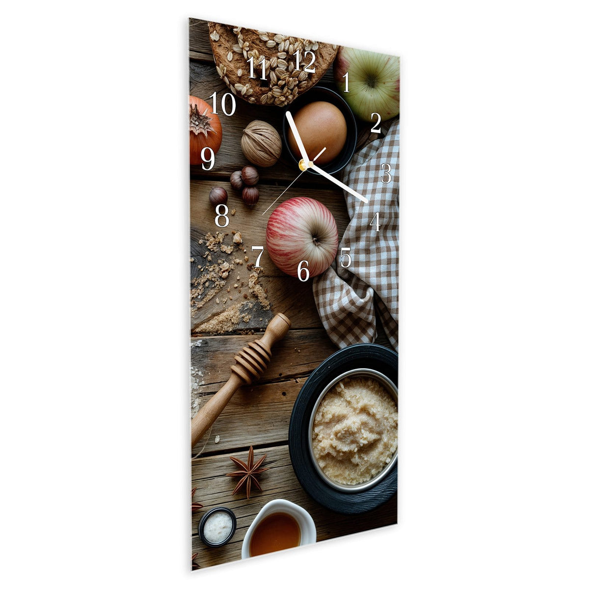 Vormontiert – mit Schwebeeffekt – Wanduhr Herbstbackzubehör aus Glas – Hochformat 30 × 60 cm