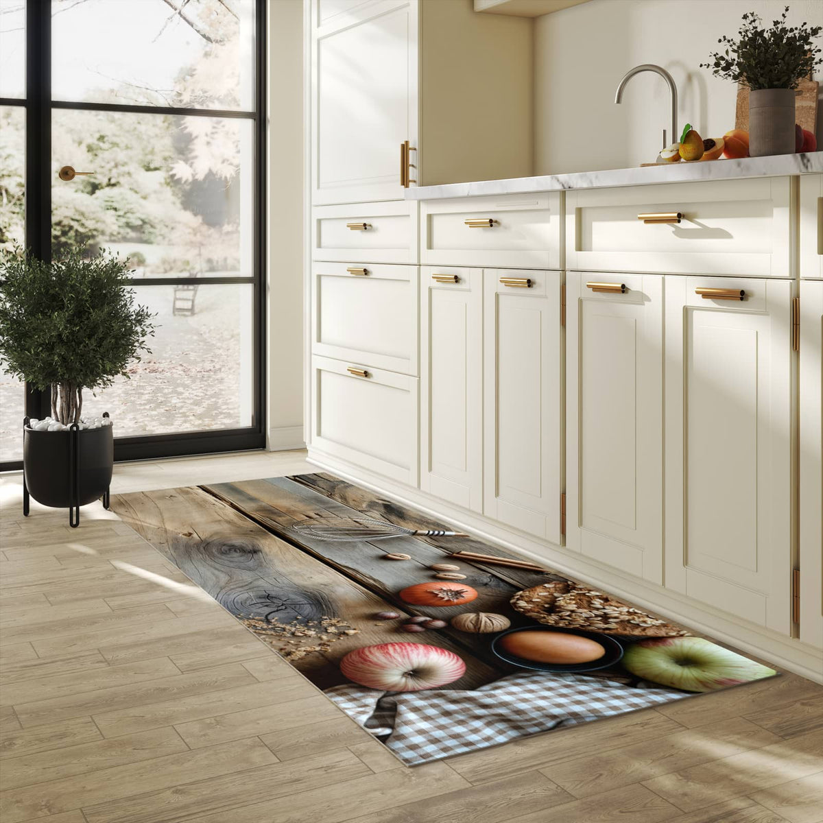 Bodenschonender rutschfester Küchenteppich mit Motiv Herbstbackzubehör in heller Küche