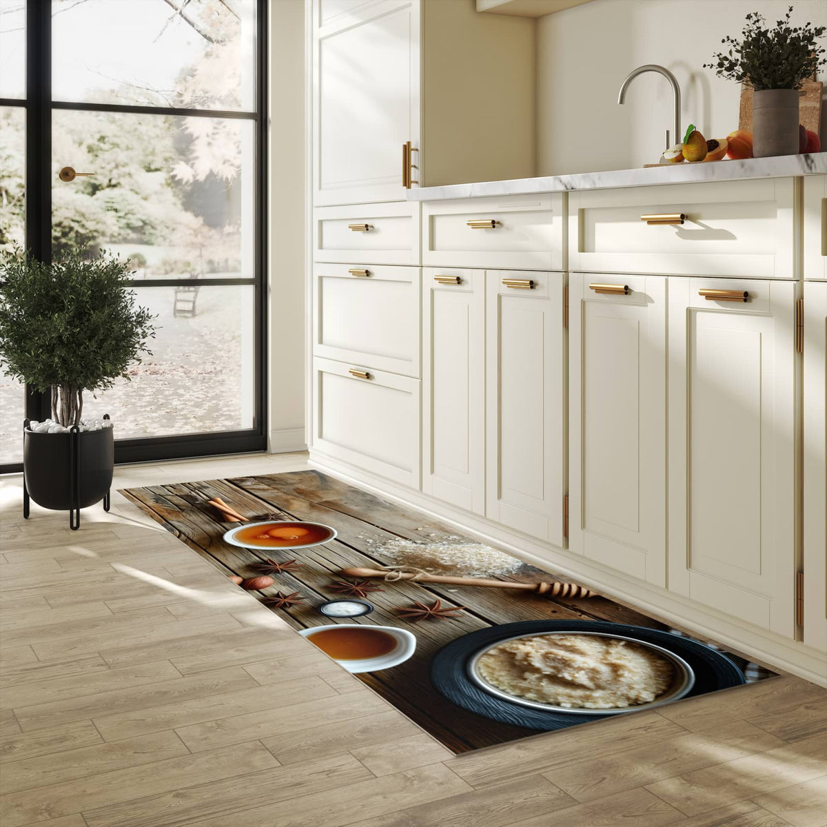 Rutschfester Bodenläufer-Teppich mit Motiv Herbstbackzubehör in heller Küche