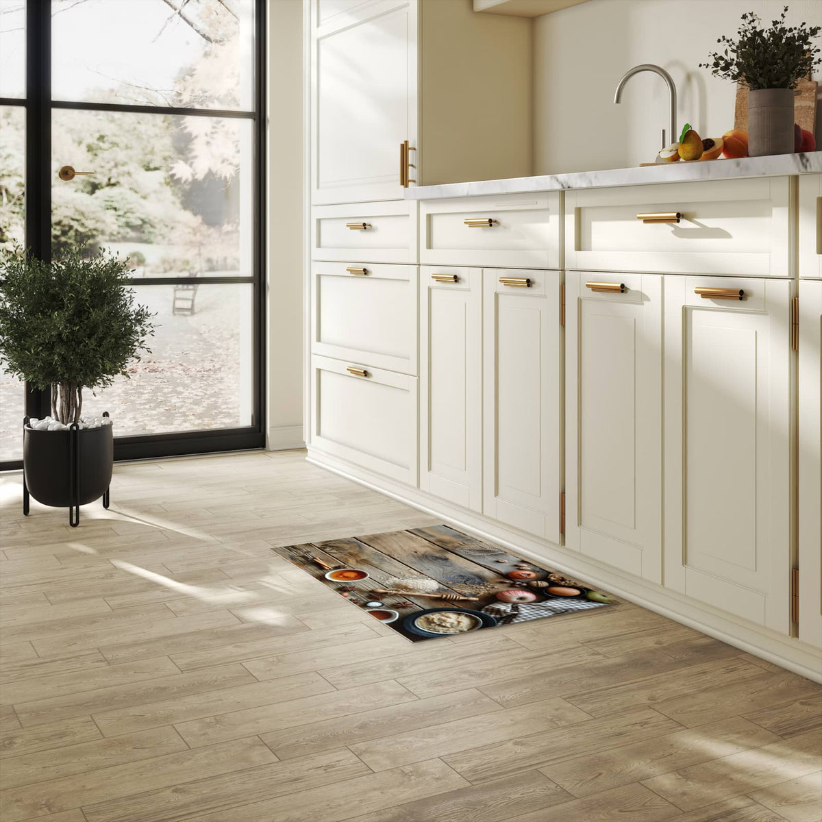 Waschbarer rutschfester Küchenteppich mit Motiv Herbstbackzubehör in heller Küche
