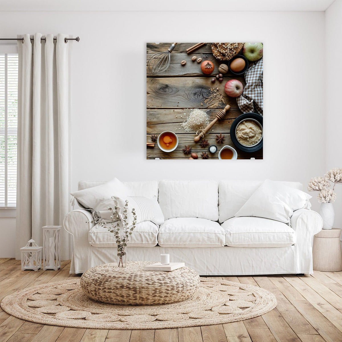 Glasbild Backzutaten im Herbst an der Wand – Holztisch mit Schneebesen, Haferflocken, Äpfeln, Ei, Nüssen, Zimt, Honig, Sternanis und einem kleinen Kürbis