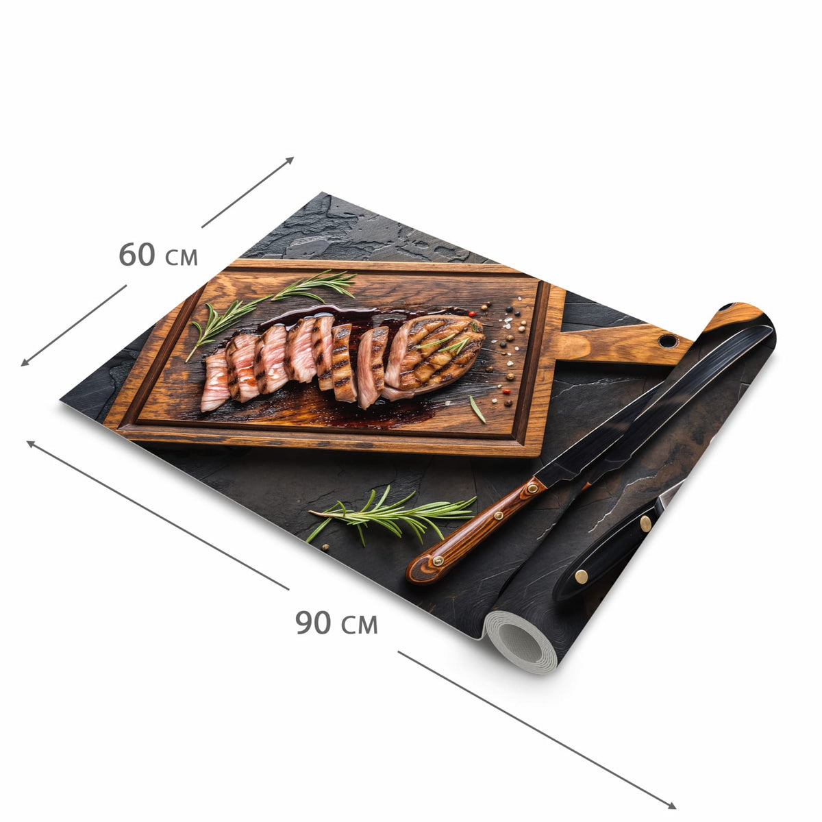 Zeitsparender waschbarer Küchenteppich mit Motiv Servierbrett Fleisch in der Grösse 90x180 cm