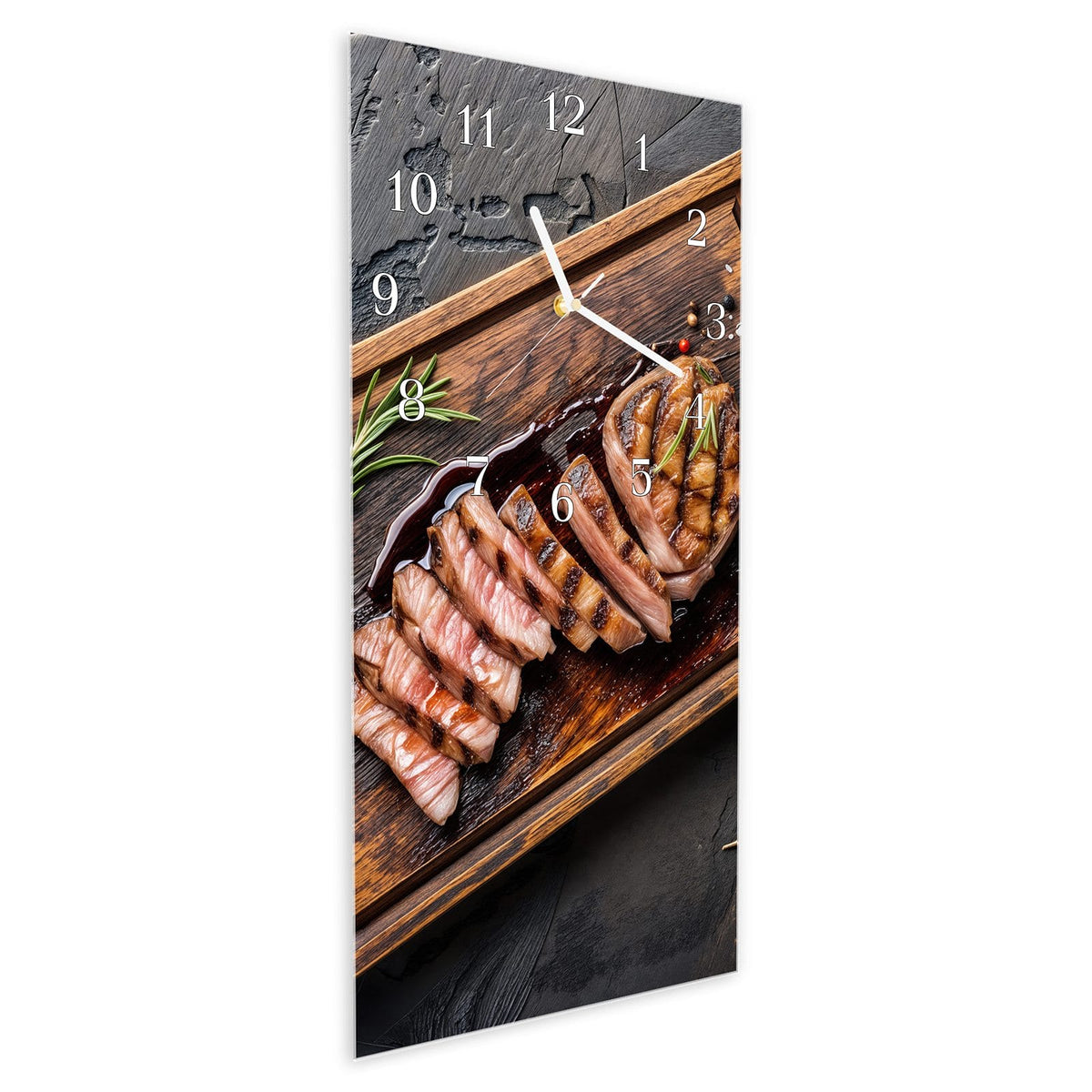 Vormontiert – mit Schwebeeffekt – Wanduhr Servierbrett Fleisch aus Glas – Hochformat 30 × 60 cm