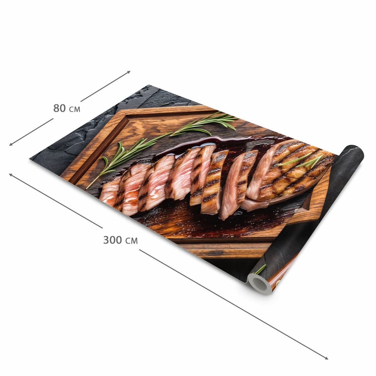 Waschbarer Küchenläufer mit Motiv Servierbrett Fleisch in der Grösse 90x240 cm für Trittkomfort