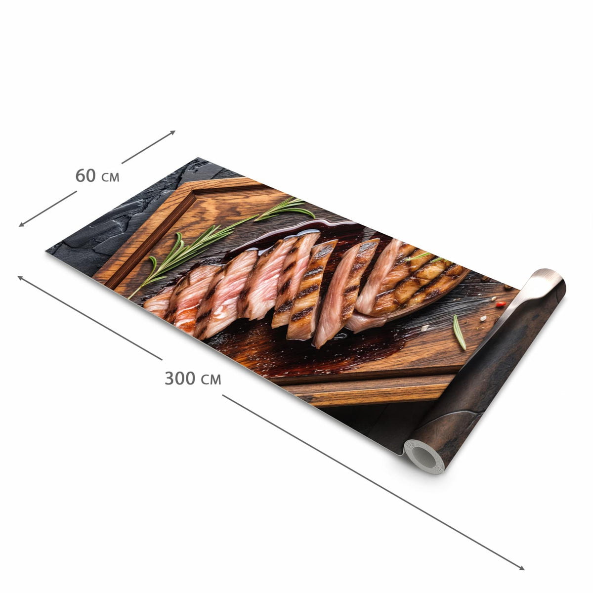 Küchenvorleger mit Motiv Servierbrett Fleisch in der Grösse 90x180 cm für sichere Aufbewahrung