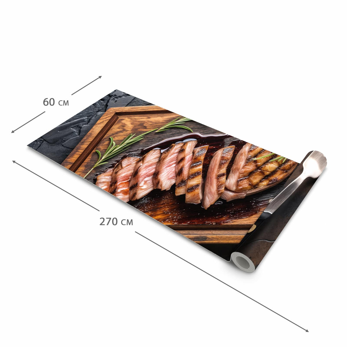 Formstabiler Küchenläufer mit Motiv Servierbrett Fleisch in der Grösse 90x180 cm