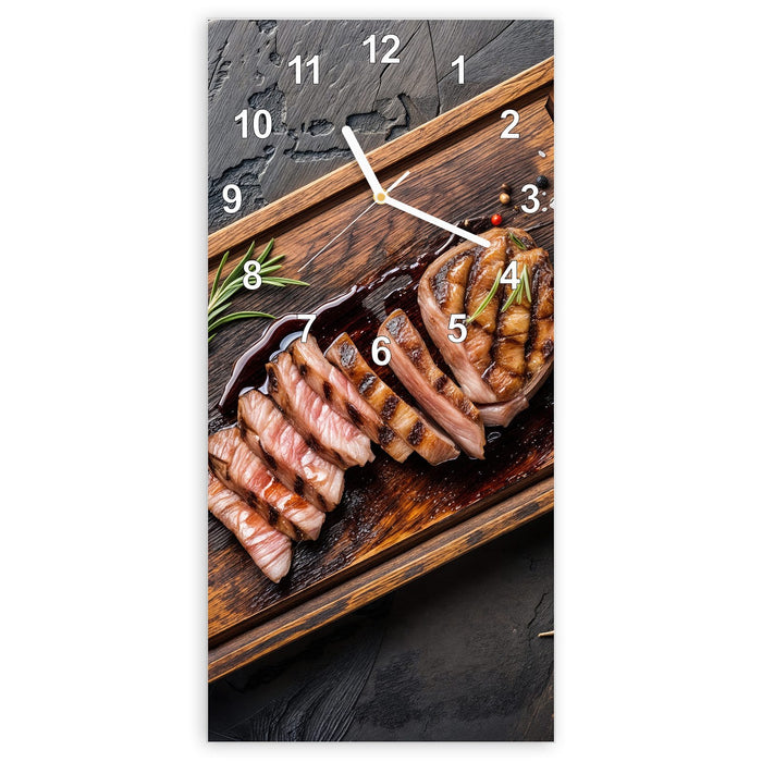 Wanduhr Servierbrett Fleisch aus Glas – Hochformat 30 × 60 cm mit Ziffernblatt Modern