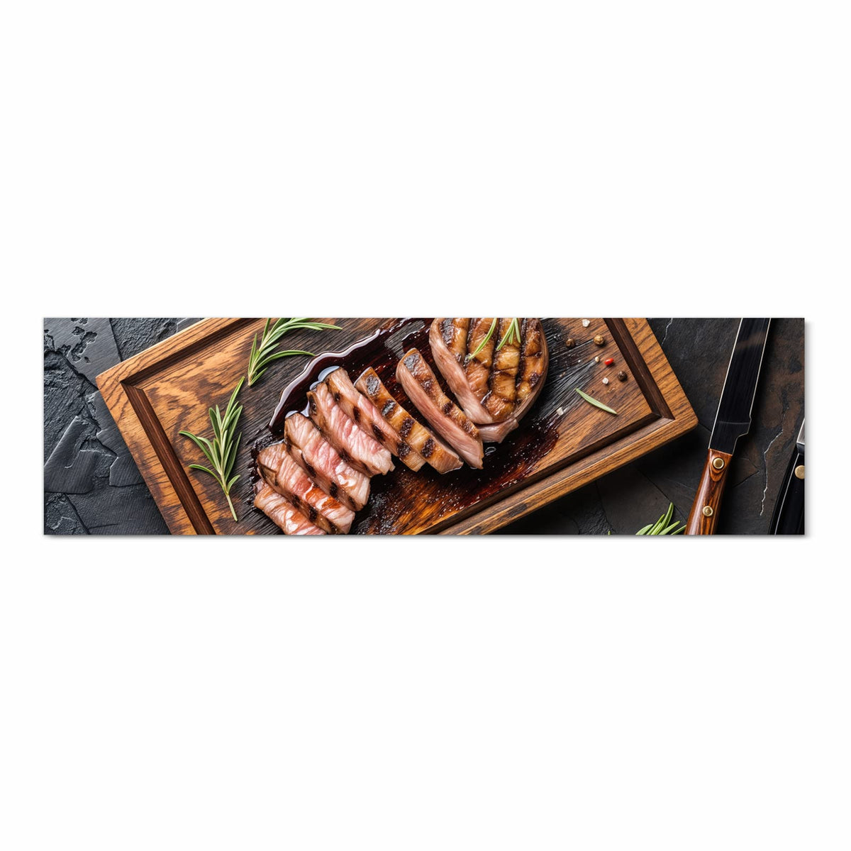 Feuchtigkeitsresistenter Küchenläufer mit Motiv Servierbrett Fleisch in Frontansicht zum Waschen