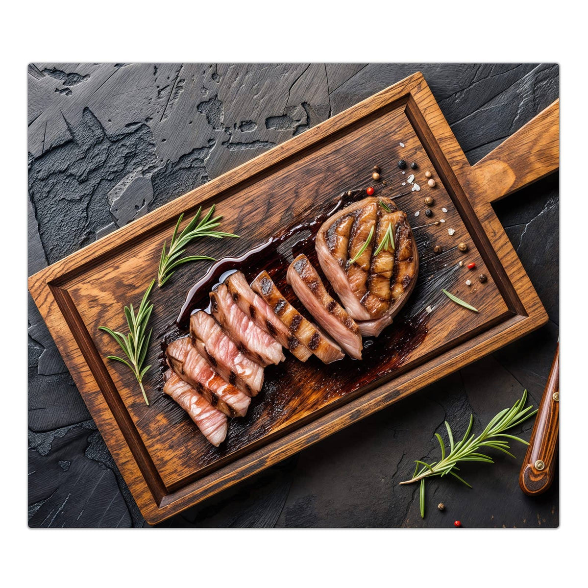 1-teilige Glasplatte für Herd mit Servierbrett Fleisch-Motiv in der Frontansicht #grösse_1-Teilig (60x52cm)