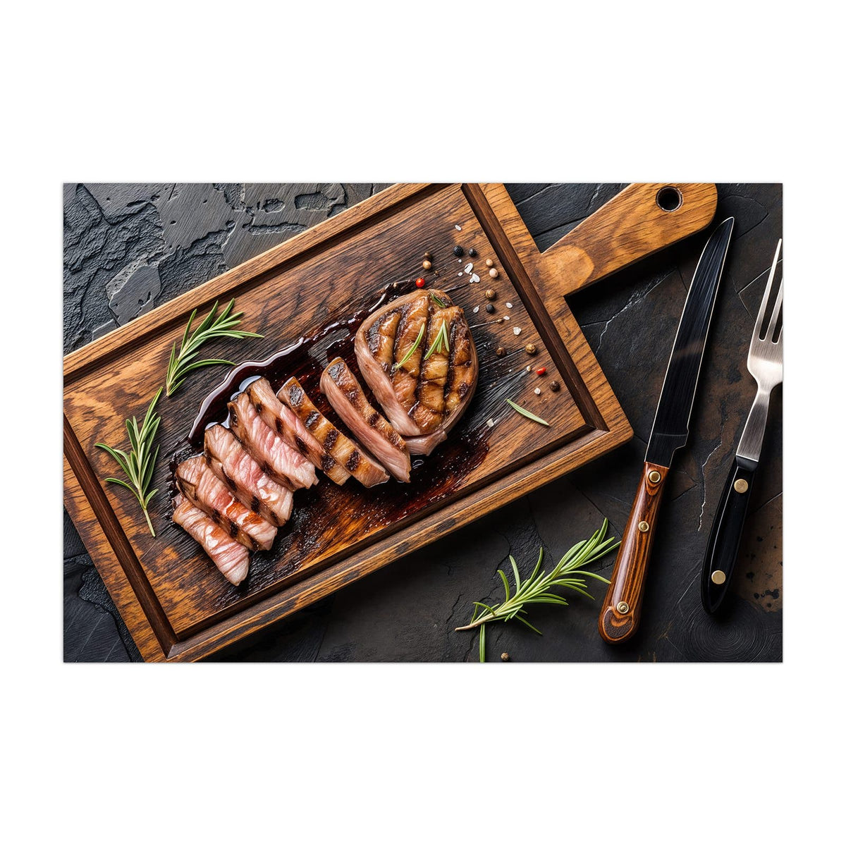 Küchenrückwand aus Glas Steak in Scheiben im Hochformat, Motiv bildfüllend von vorn