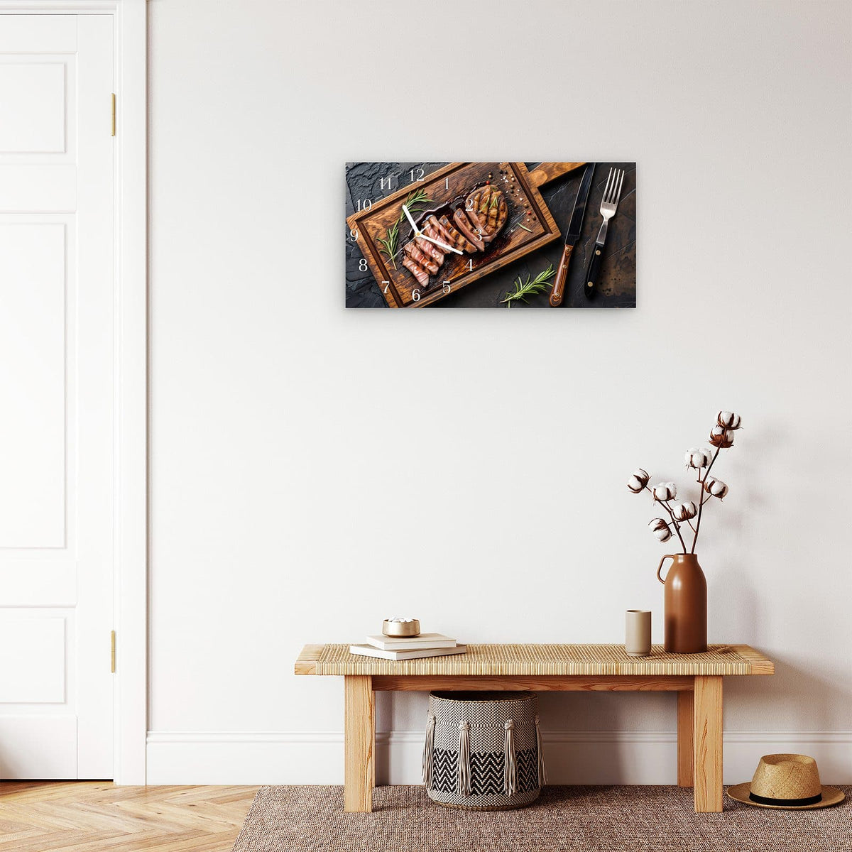 Moderne Wanduhr aus Glas mit Farbtiefe – Wanduhr Servierbrett Fleisch aus Glas – Querformat 60 × 30 cm