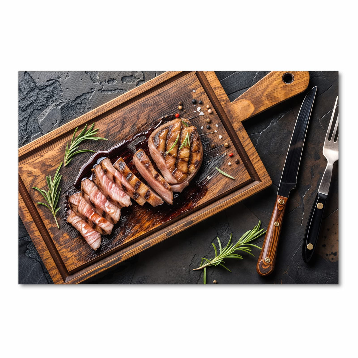 Langlebiger Küchenläufer mit Motiv Servierbrett Fleisch in Frontansicht für moderne Küchen