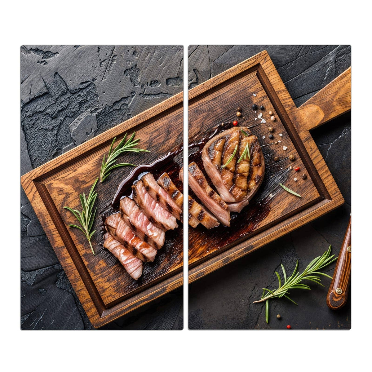 2-teilige Ceranfeldabdeckungen mit Servierbrett Fleisch-Motiv in der Frontansicht #grösse_2-Teilig (60x52cm)