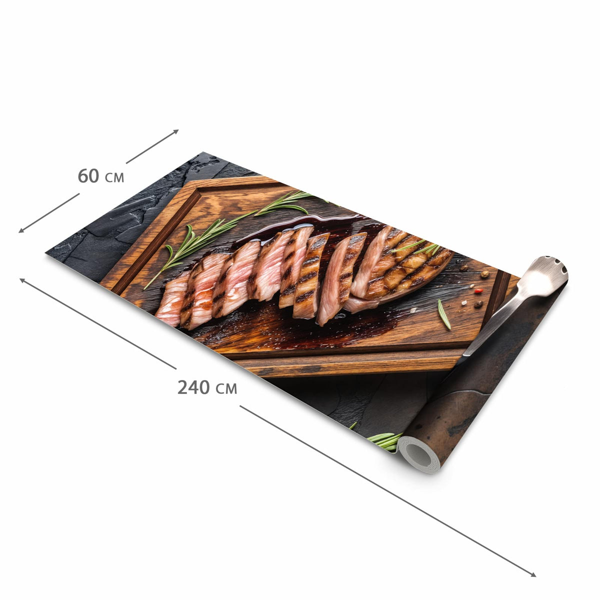 Farbbeständiger Küchenteppich mit Motiv Servierbrett Fleisch in der Größe 90x180 cm