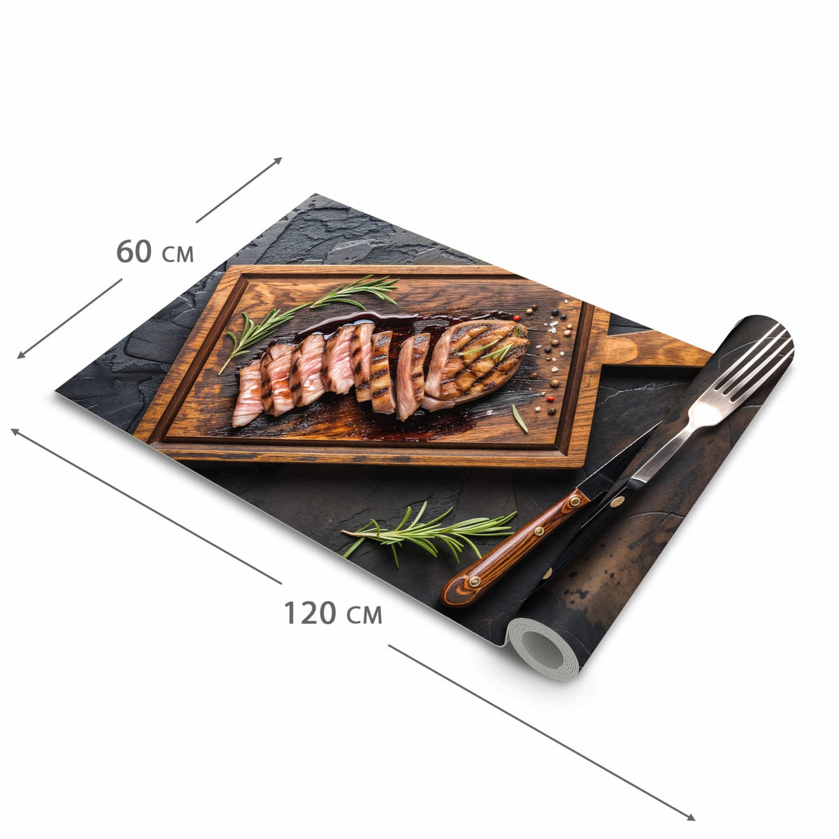 Bodenschonender Küchenteppich mit Motiv Servierbrett Fleisch in der Grösse 90x180 cm