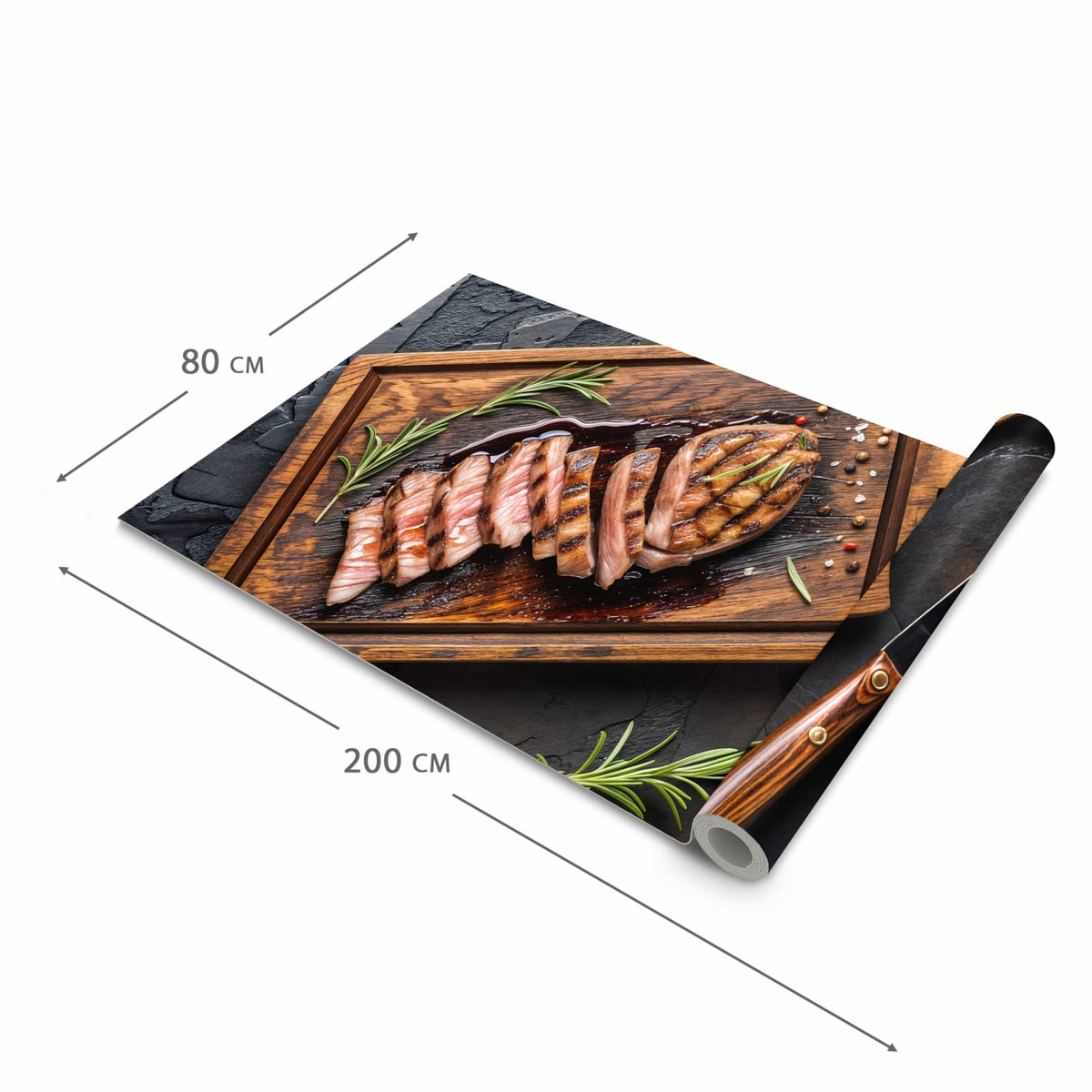 Geräuschdämpfender Küchenläufer mit Motiv Servierbrett Fleisch in der Grösse 90x180 cm