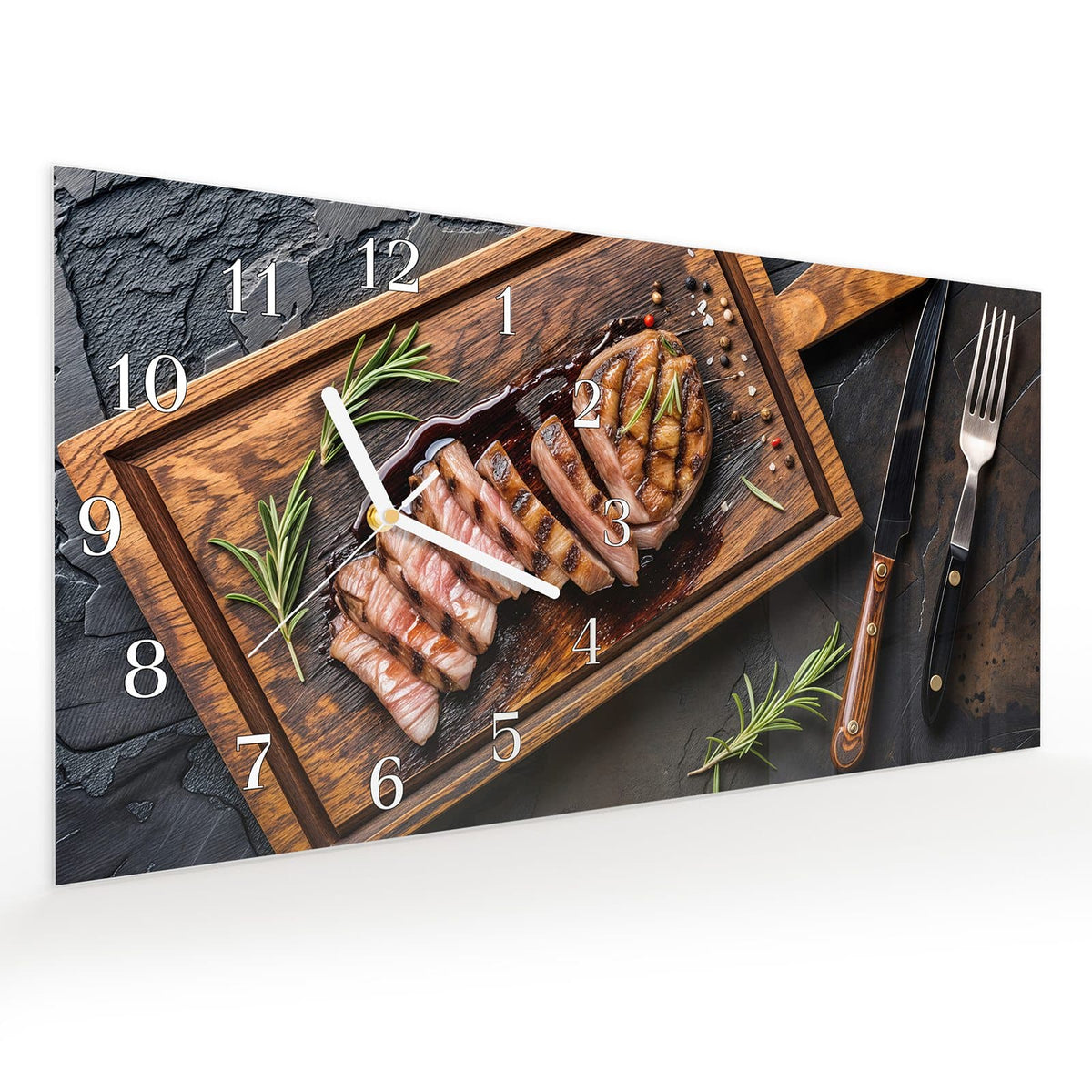 Vormontiert – mit Schwebeeffekt – Wanduhr Servierbrett Fleisch aus Glas – Querformat 60 × 30 cm