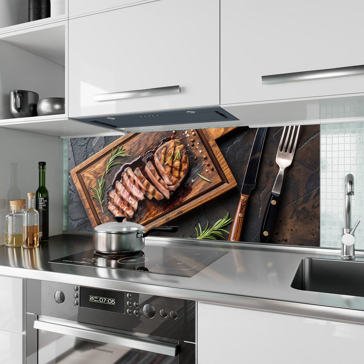 Küchenrückwand aus Glas Steak in Scheiben im Hochformat als Spritzschutz hinter dem Kochfeld, über dem Fliesenspiegel montiert