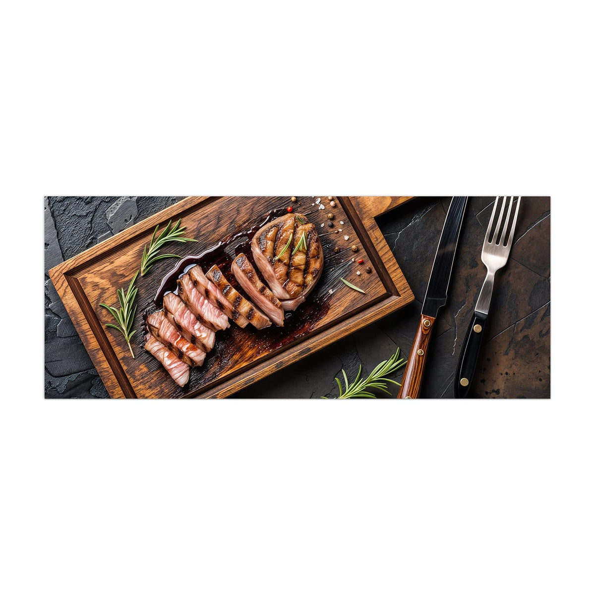 Küchenrückwand aus Glas Steak in Scheiben im Hochformat, Motiv bildfüllend von vorn