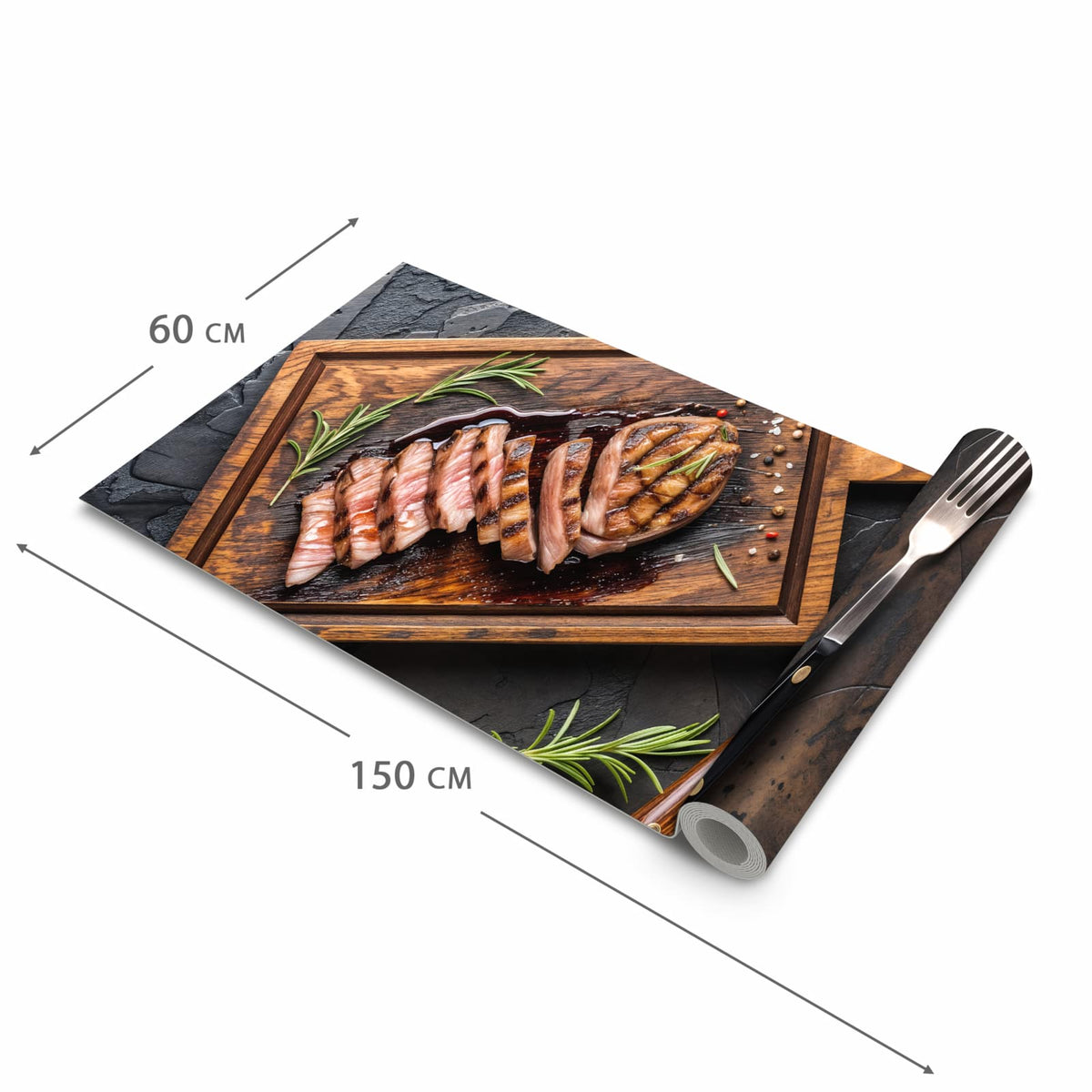 Küchenläufer mit Motiv Servierbrett Fleisch in der Grösse 90x180 cm für Ordnung