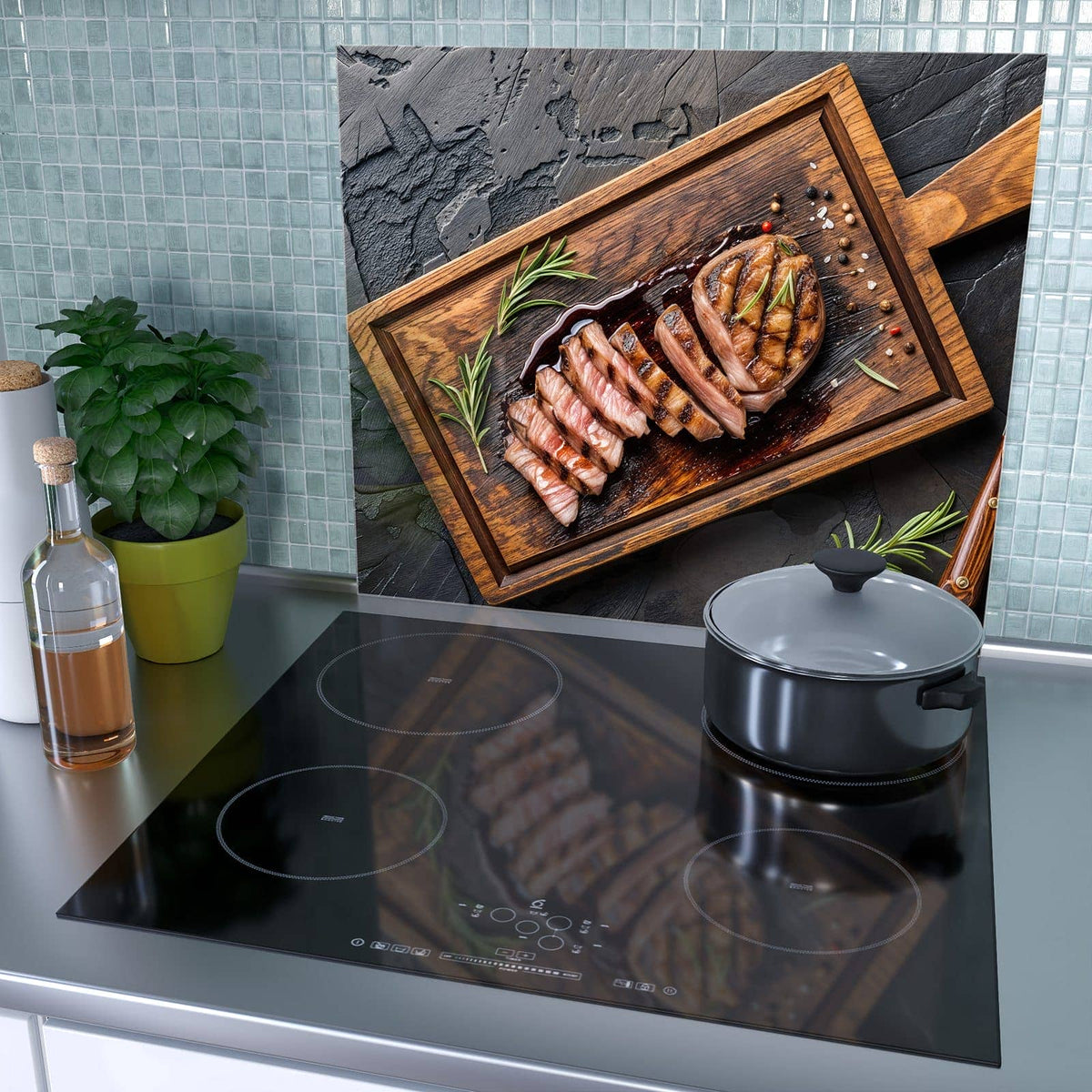 1-teilige Abdeckplatte Ceranfeld mit Servierbrett Fleisch-Motiv als Spritzschutz hinter dem Kochfeld