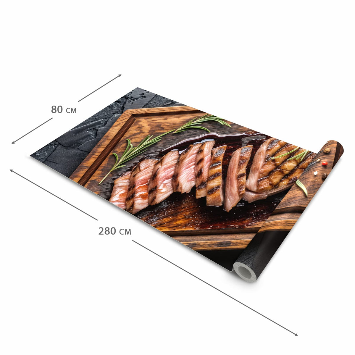 UV-beständiger Küchenläufer mit Motiv Servierbrett Fleisch in der Grösse 90x240 cm