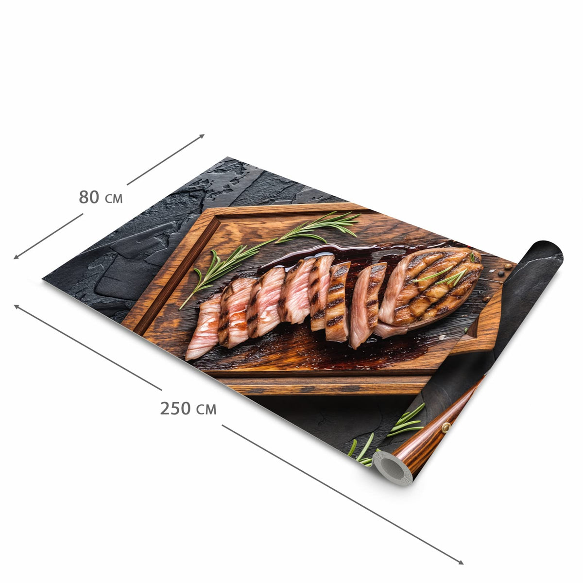 Abriebfester Küchenläufer mit Motiv Servierbrett Fleisch in der Grösse 90x180 cm