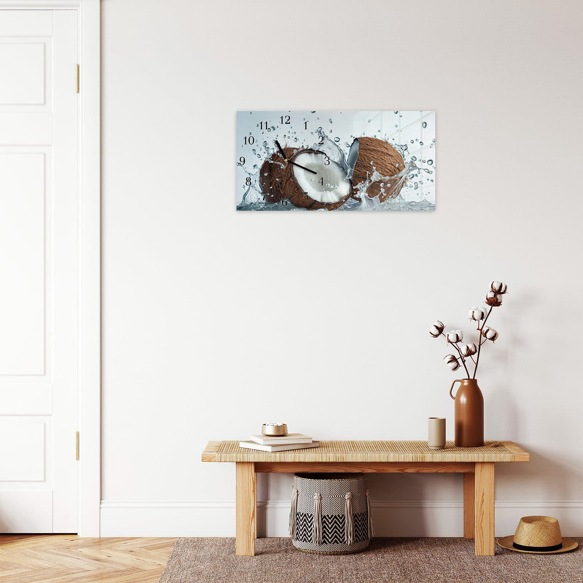 Moderne Wanduhr aus Glas mit Farbtiefe – Wanduhr Kokosnuss Wasserplatsch aus Glas – Querformat 60 × 30 cm